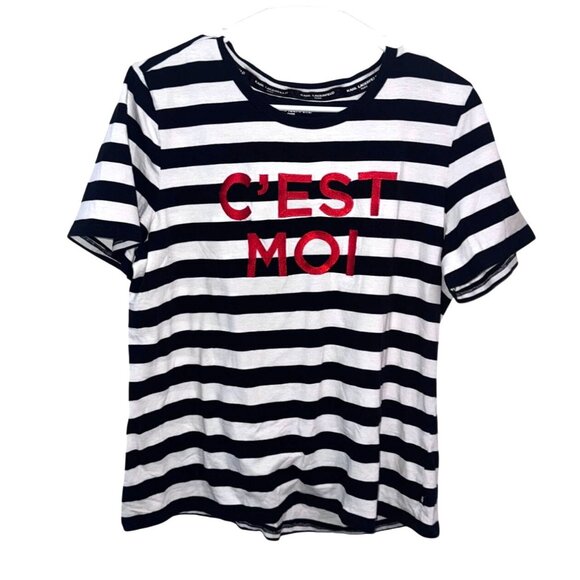 Karl Lagerfeld Tops - Karl Lagerfeld CEst Moi Blue & White Striped T-Shirt With Red Text Womens Size